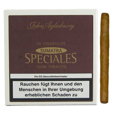 John Aylesbury Speciales Sumatra Zigarrillos mit 100% Tabak und Warnhinweis zum Schutz der Gesundheit.
