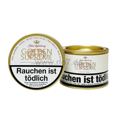Zwei Dosen John Aylesbury Golden Supreme Pfeifentabak mit weißer und goldener Verpackung und Warnhinweis.