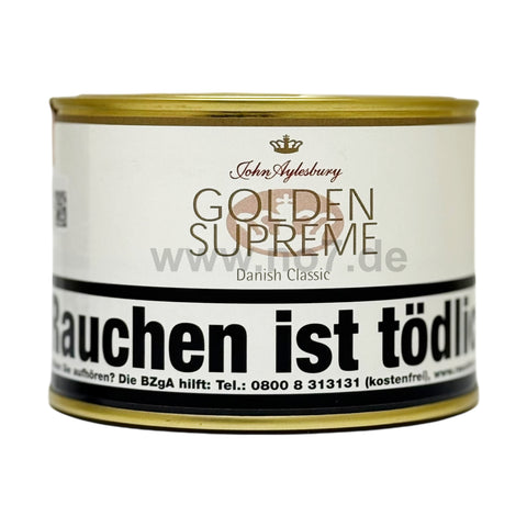 John Aylesbury Golden Supreme Tabakdose mit goldfarbenem Deckel und weißem Etikett für Danish Classic Tabak
