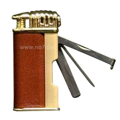 Pfeifenfeuerzeug Jean Claude KENT gold poliert Leder braun